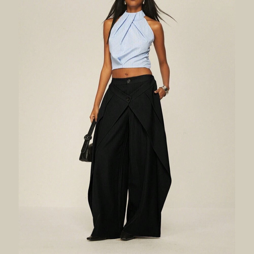 Black Woven Cross Front Wide Leg Palazzo Pants